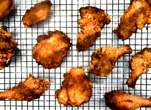 1/2 Chicken, Bone Removed Chicken Dark Meat and Skin (Broilers or Fryers, Flour, Fried, Cooked)