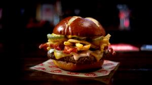 1 burger (113.4 g) Pretzel Bacon Pub Cheeseburger