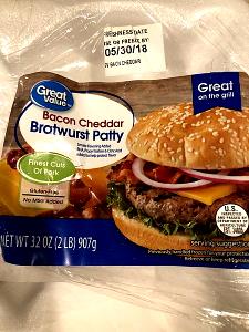 1 cooked patty (86 g) Bacon Cheddar Bratwurst Patty