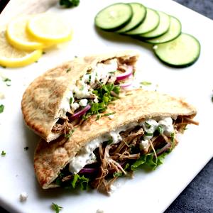 1 filled pita Greek Pork Pitas with Creamy Cucumber Sauce