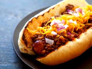 1 Foot Long On Bun Frankfurter or Hot Dog with Chili and Cheese on Bun