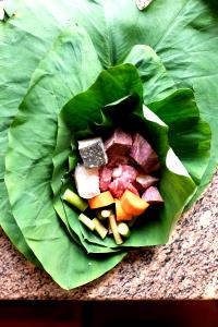 1 Lau Lau Lau Lau (Pork and Fish Wrapped in Taro or Spinach Leaves)