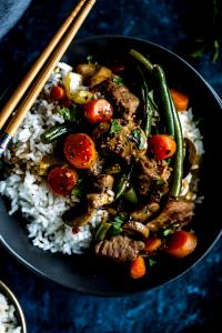 1 Oz Beef, Rice and Vegetables in Soy-Based Sauce (Mixture)