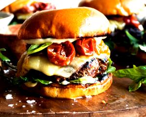 1 Oz Double Cheeseburger with Mayonnaise or Salad Dressing and Tomatoes on Bun