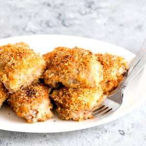 1 Oz, With Bone (yield After Bone Removed) Baked or Fried Coated Chicken Thigh Skinless (Coating Eaten)