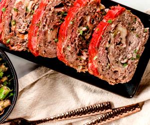 1 Portion Cheesy Stuffed Meatloaf With Broccolini And Eggplant