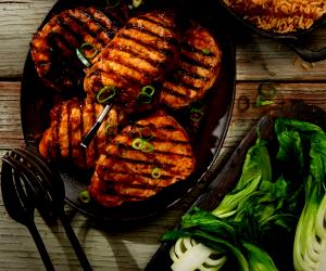 1 Portion Korean Style Pork Chops With Spicy Rice And Steamed Bok Choy