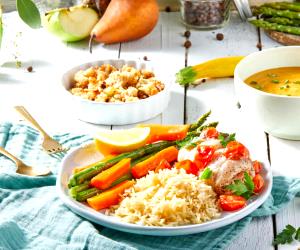 1 Portion Summer Squash Soup, Fish With Rice And Vegetables, Apple-Pear Crumble