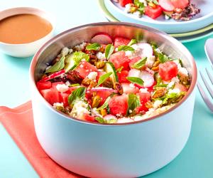 1 Portion Watermelon Salad With Creamy Balsamic Dressing And Candied Nuts