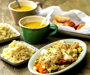 1 Portions Three Course Meal For 2 - Vegetable Soup, Chicken Pie With Rice & Steamed Apple