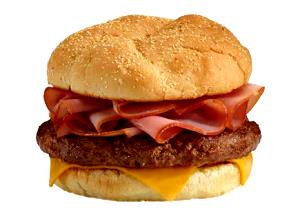 1 Roy Rogers Double R Bar Burger Cheeseburger with 1/4 Lb Meat and Ham on Bun