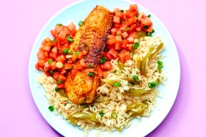 1 serving (17 oz) Fit Fare Grilled Tilapia with Rice Pilaf, Corn, Tomato Slices
