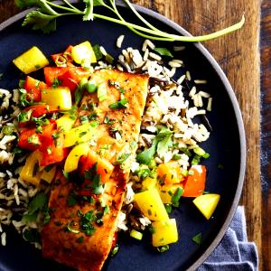 1 serving (383 g) Rice Medley with Roasted Salmon
