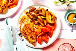 1 serving Crispy Maple Mustard Chicken with Roasted Potato Wedges & Carrots