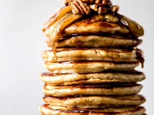 1 Serving Stacked & Stuffed Carmel Banana Pecan Hotcakes