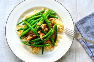 1 serving Stir Fry Pork and Green Beans over Brown Rice