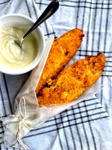 1 serving with 2 tbsp sauce Cornflake Crusted Chicken with Dipping Sauce