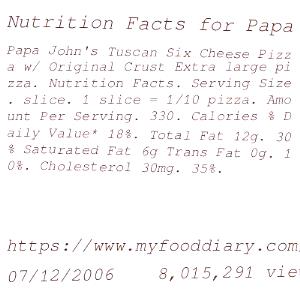 1 slice (144 g) 12" Pan Crust Pizza - Tuscan Six Cheese