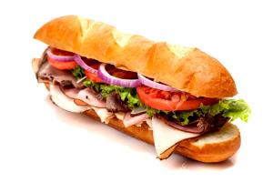1 Submarine Roast Beef Submarine Sandwich with Lettuce, Tomato and Spread