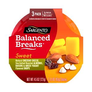1 tray (43 g) Sweet Balanced Breaks Natural Cheddar Cheese, Sea-Salted Roasted Almonds, Raisins & Greek Yogurt Flavored Drops