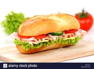100 G Ham and Cheese Submarine Sandwich with Lettuce, Tomato and Spread on Multigrain Roll