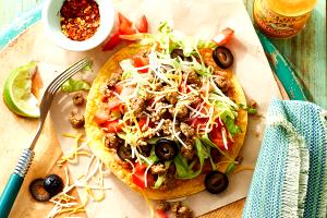 100 G Meatless Taco or Tostada with Beans and Cheese, Lettuce, Tomato and Salsa