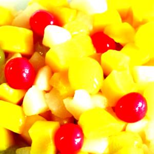100 G Peach Pear Apricot Pineapple Cherry Fruit Salad (Solids and Liquids, Heavy Syrup, Canned)