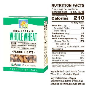 2 0z (57 g) 100% Whole Wheat Penne Rigate