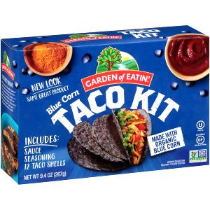 2 taco shells with 3 tsp sauce (7.5 g) Blue Corn Taco Dinner Kit
