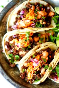 3 tacos and rice Korean Steak Tacos