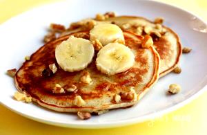 4 pancakes Banana Nut Pancakes with Banana Syrup