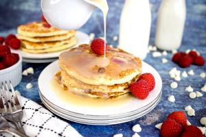 4 pancakes Raspberry White Chocolate Chip Pancakes