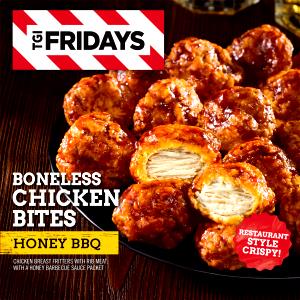 4 pieces with sauce (84 g) TGI Boneless Chicken Bites Honey BBQ Style Sauce